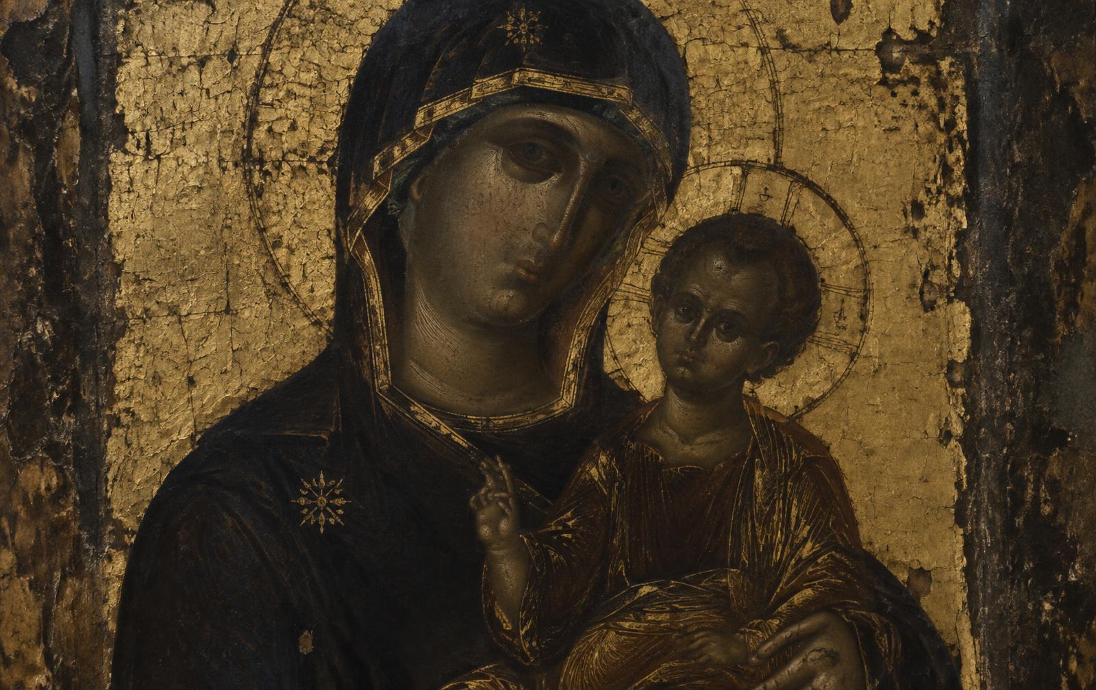 Ícone bizantino da Theotókos com o Menino, fundo de ouro envelhecido